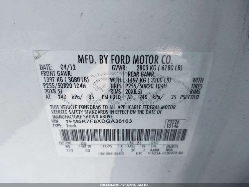 2013 Ford Explorer Limited VIN: 1FM5K7F8XDGA36163 Lot: 43944619