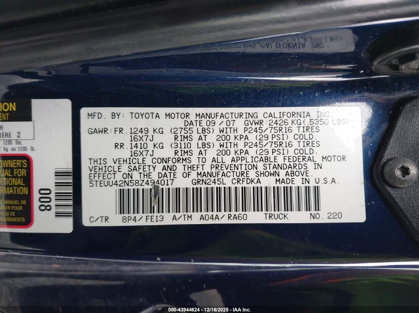 2008 Toyota Tacoma Base V6 VIN: 5TEUU42N58Z494017 Lot: 43944624