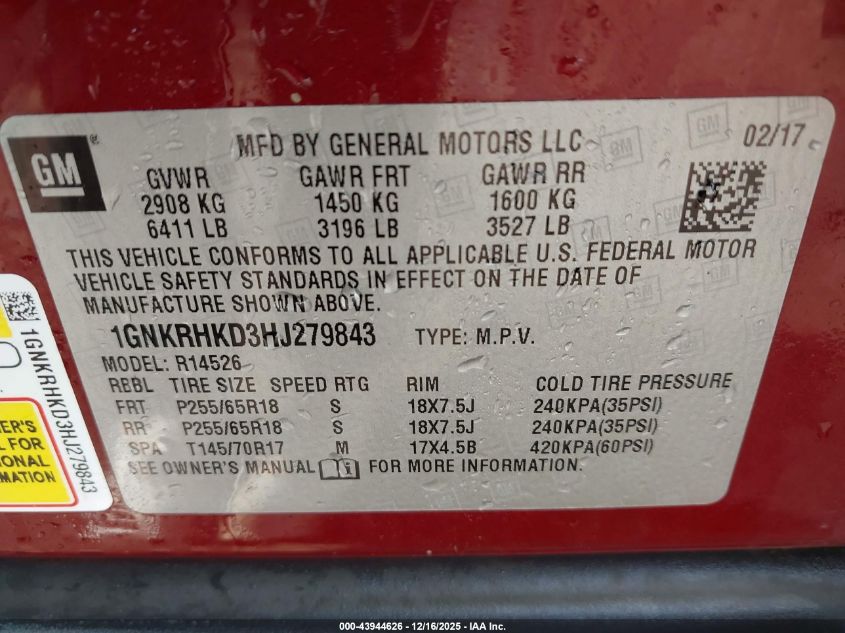 2017 Chevrolet Traverse 2Lt VIN: 1GNKRHKD3HJ279843 Lot: 43944626