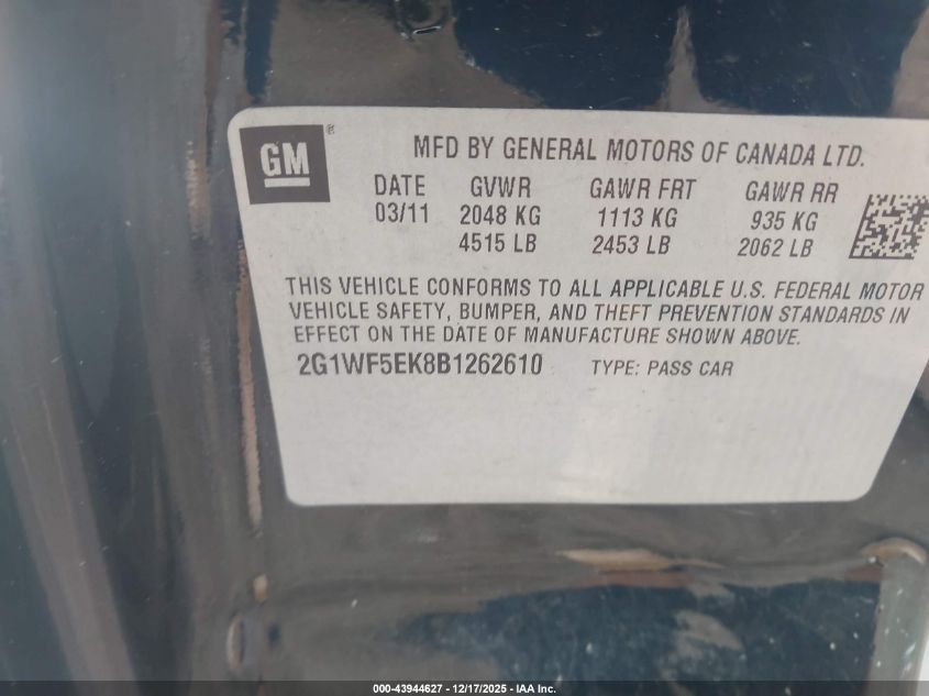 2011 Chevrolet Impala Ls VIN: 2G1WF5EK8B1262610 Lot: 43944627