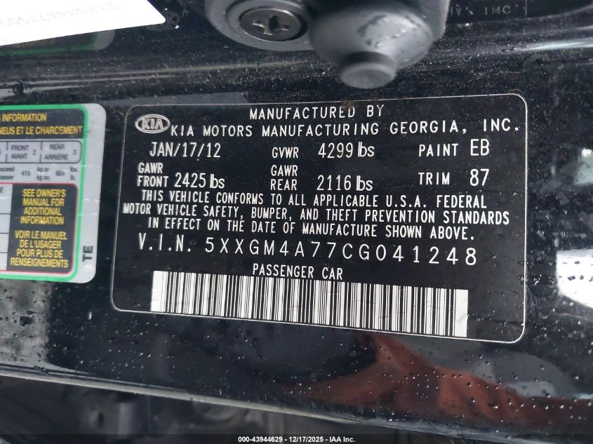 2012 Kia Optima Lx VIN: 5XXGM4A77CG041248 Lot: 43944629