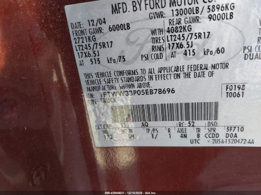 2005 Ford F-350 Lariat/Xl/Xlt VIN: 1FTWW33P05EB78696 Lot: 43944631