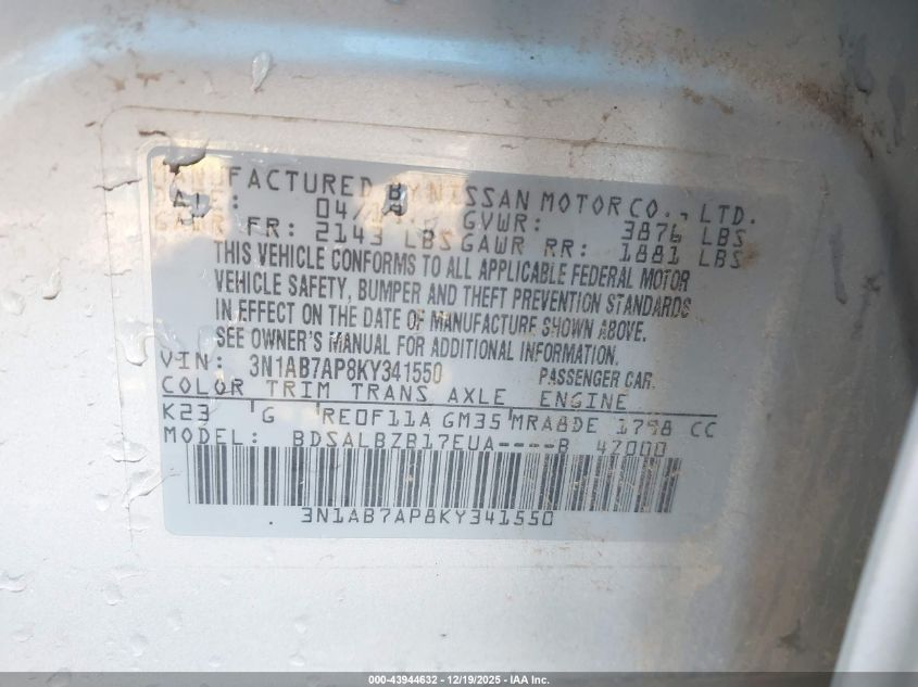 2019 Nissan Sentra S VIN: 3N1AB7AP8KY341550 Lot: 43944632