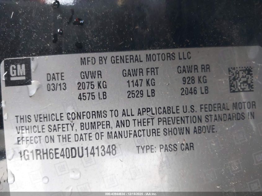 2013 Chevrolet Volt VIN: 1G1RH6E40DU141348 Lot: 43944634