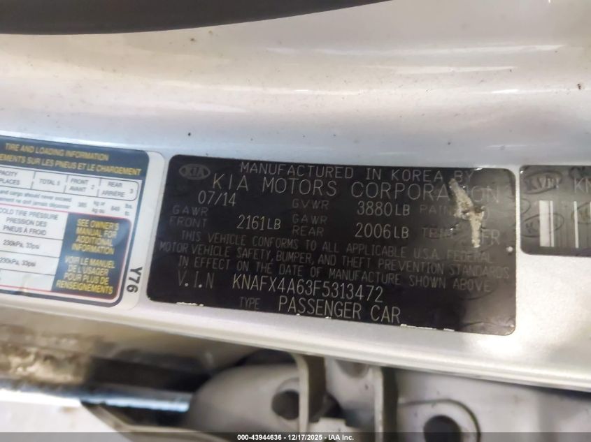 2015 Kia Forte Lx VIN: KNAFX4A63F5313472 Lot: 43944636