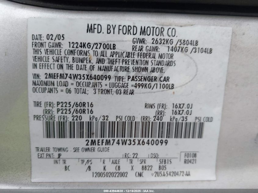 2005 Mercury Grand Marquis Gs VIN: 2MEFM74W35X640099 Lot: 43944638