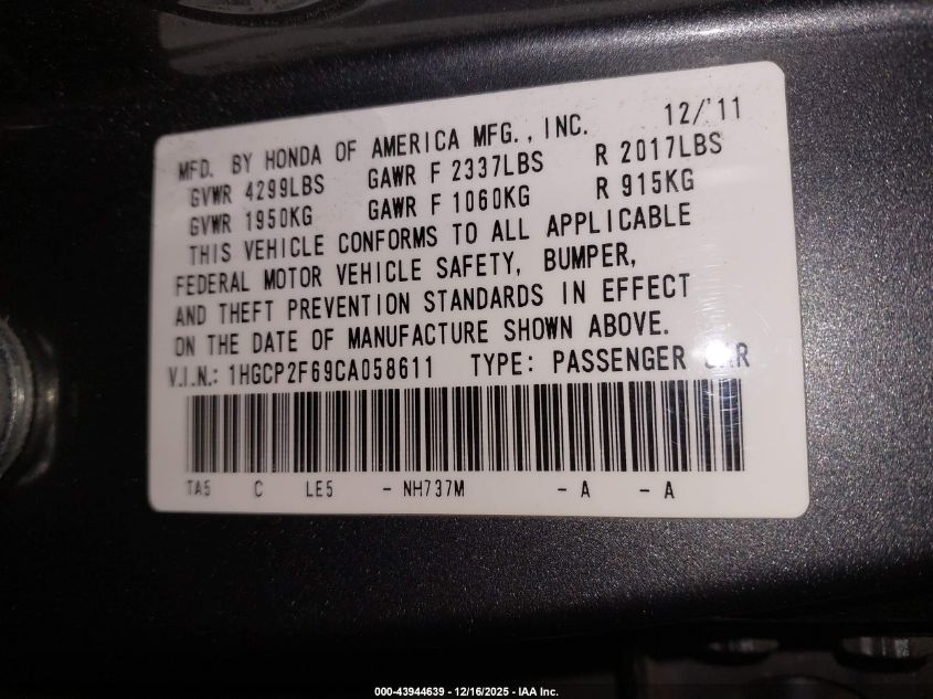 2012 Honda Accord 2.4 Se VIN: 1HGCP2F69CA058611 Lot: 43944639