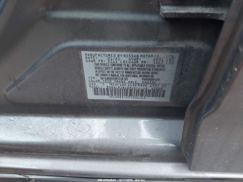 2021 Nissan Sentra Sr Xtronic Cvt VIN: 3N1AB8DV2MY236165 Lot: 43944642