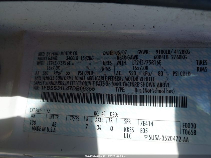 2007 Ford E-350 Super Duty Xl/Xlt VIN: 1FBSS31L47DB09355 Lot: 43944645