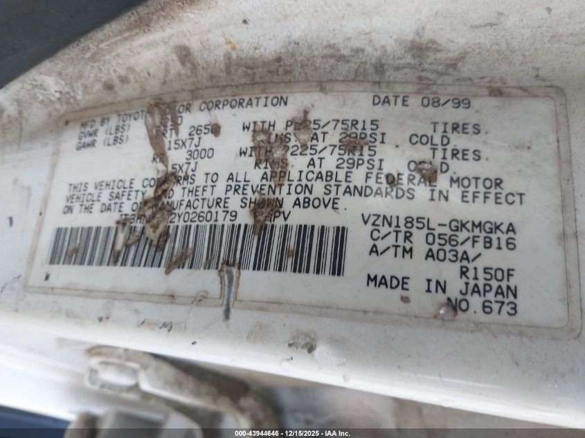 2000 Toyota 4Runner Sr5 V6 VIN: JT3HN86R2Y0260179 Lot: 43944646