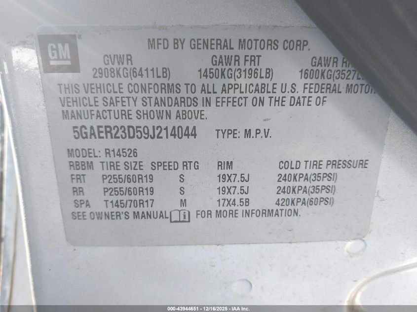 2009 Buick Enclave Cxl VIN: 5GAER23D59J214044 Lot: 43944651