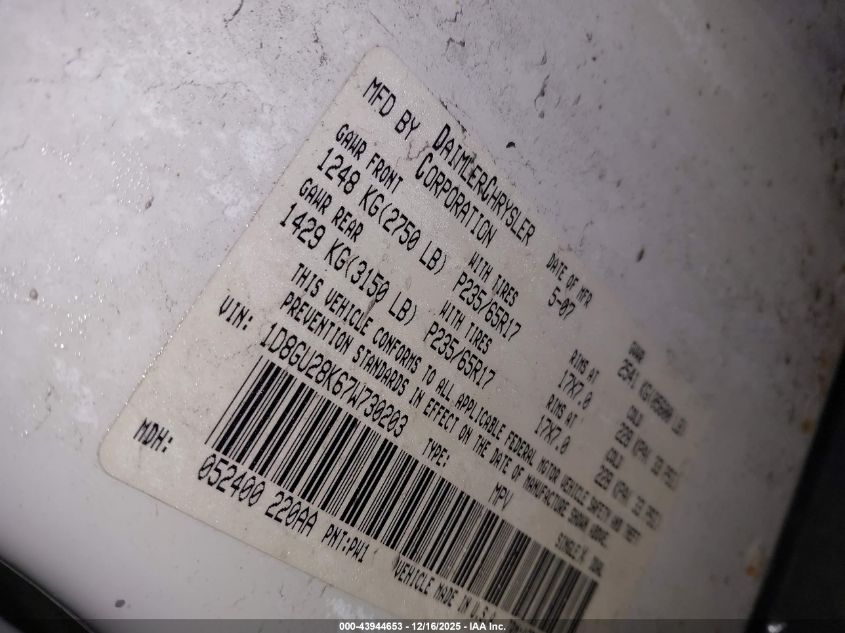 2007 Dodge Nitro Sxt VIN: 1D8GU28K67W730203 Lot: 43944653