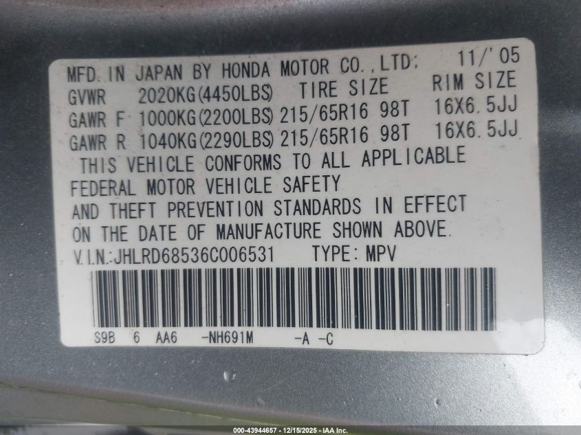 2006 Honda Cr-V Lx VIN: JHLRD68536C006531 Lot: 43944657