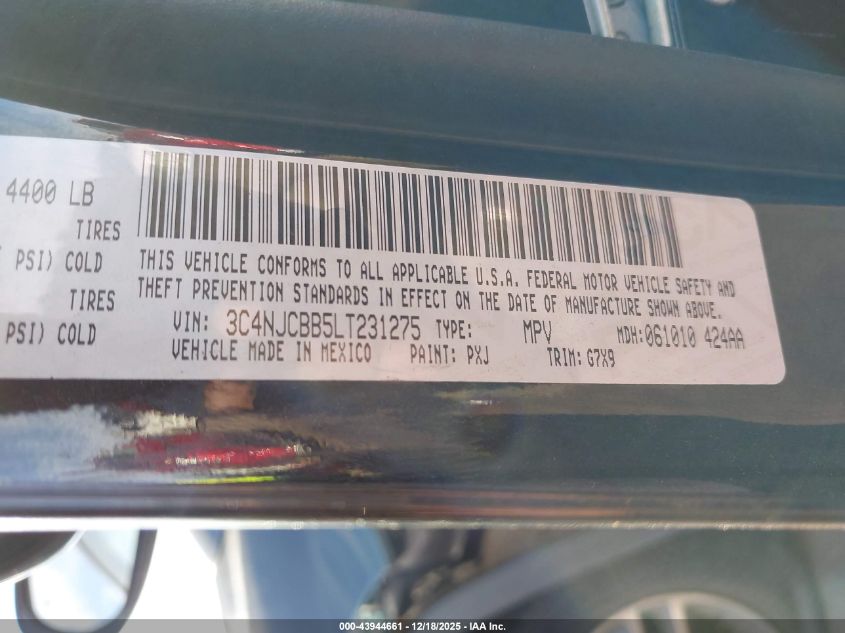 2020 Jeep Compass Sun And Safety Fwd VIN: 3C4NJCBB5LT231275 Lot: 43944661