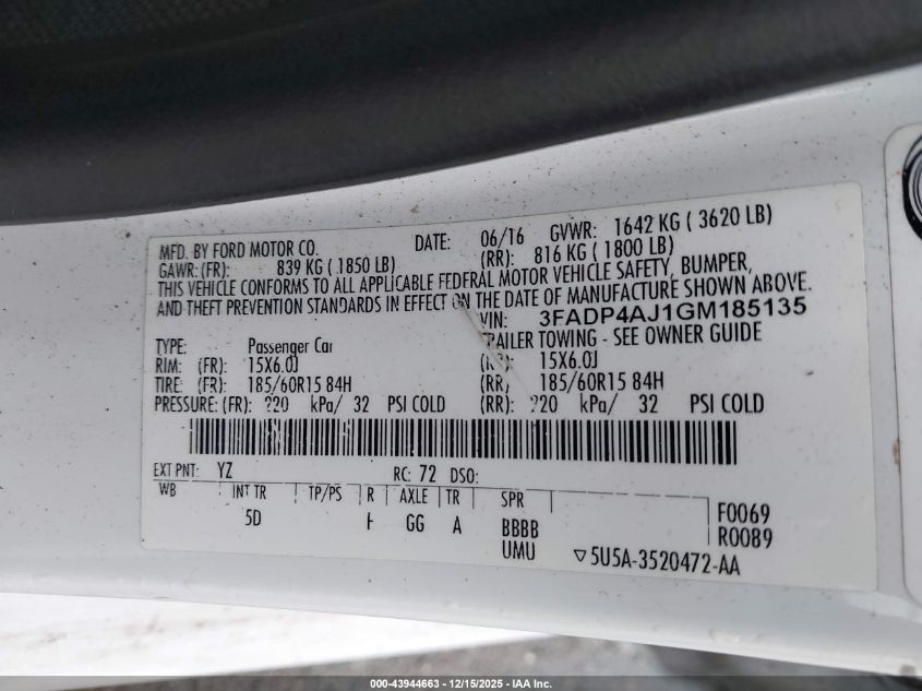 2016 Ford Fiesta S VIN: 3FADP4AJ1GM185135 Lot: 43944663