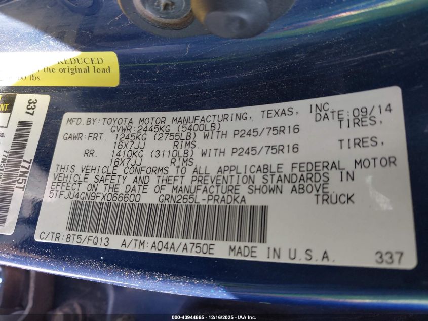 2015 Toyota Tacoma Prerunner V6 VIN: 5TFJU4GN9FX066600 Lot: 43944665