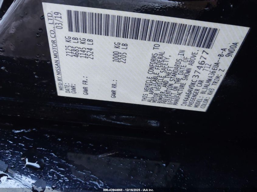 2019 Nissan Maxima 3.5 Platinum VIN: 1N4AA6AV0KC374677 Lot: 43944668