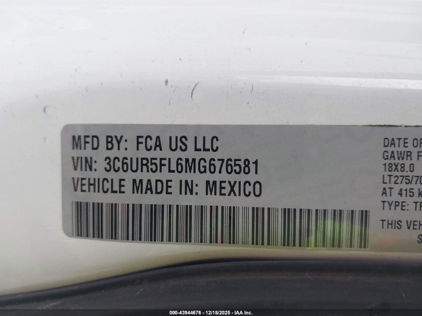 2021 Ram 2500 Laramie 4X4 6'4 Box VIN: 3C6UR5FL6MG676581 Lot: 43944676