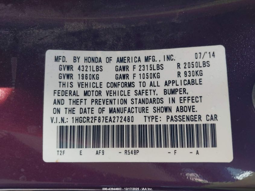 2014 Honda Accord Ex-L VIN: 1HGCR2F87EA272480 Lot: 43944683
