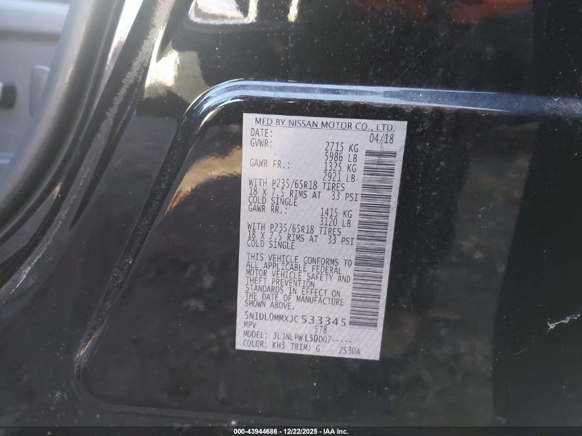 2018 Infiniti Qx60 VIN: 5N1DL0MMXJC533345 Lot: 43944686