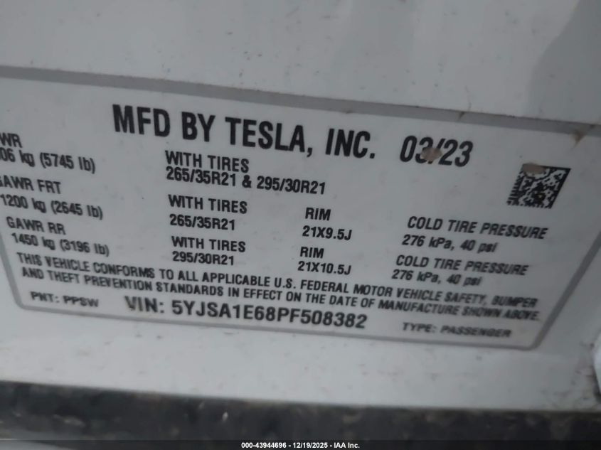 2023 Tesla Model S Plaid Tri Motor All-Wheel Drive VIN: 5YJSA1E68PF508382 Lot: 43944696