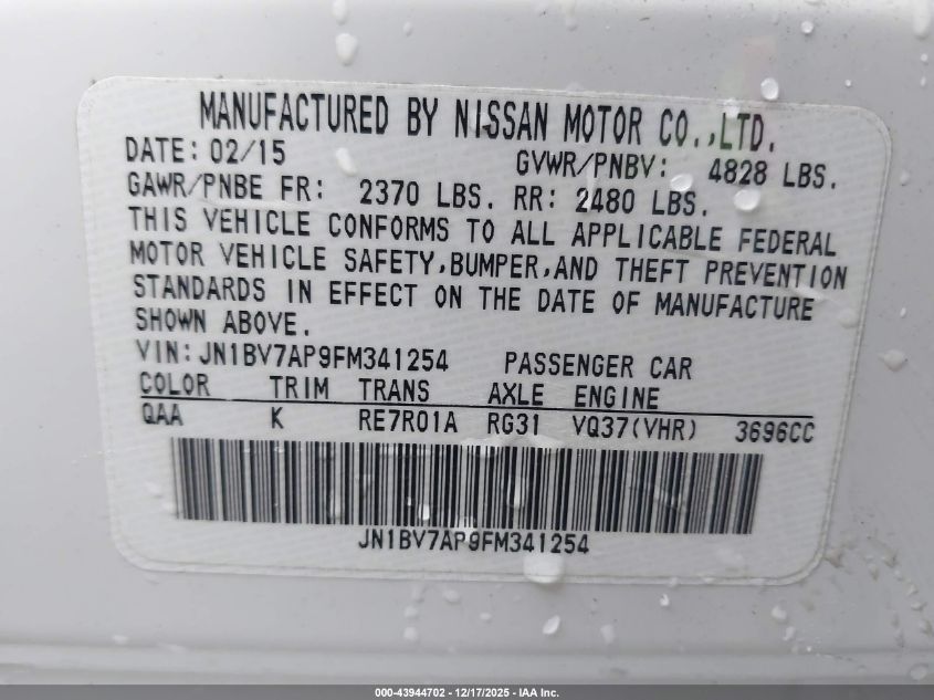 2015 Infiniti Q50 VIN: JN1BV7AP9FM341254 Lot: 43944702