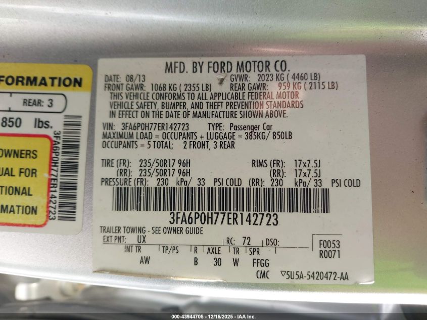 2014 Ford Fusion Se VIN: 3FA6P0H77ER142723 Lot: 43944705