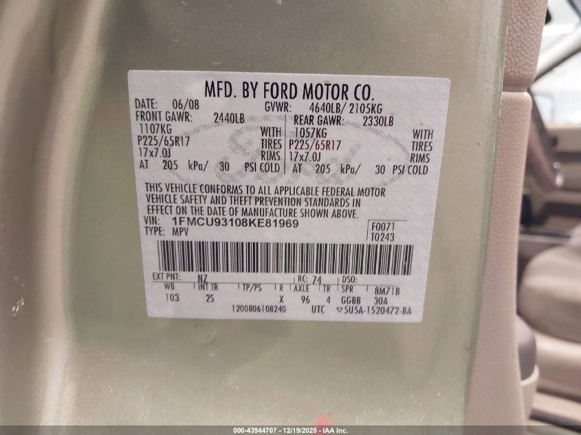 2008 Ford Escape Xlt VIN: 1FMCU93108KE81969 Lot: 43944707