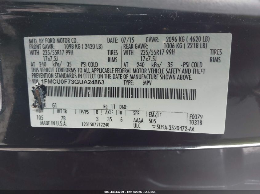 2016 Ford Escape S VIN: 1FMCU0F73GUA24863 Lot: 43944709