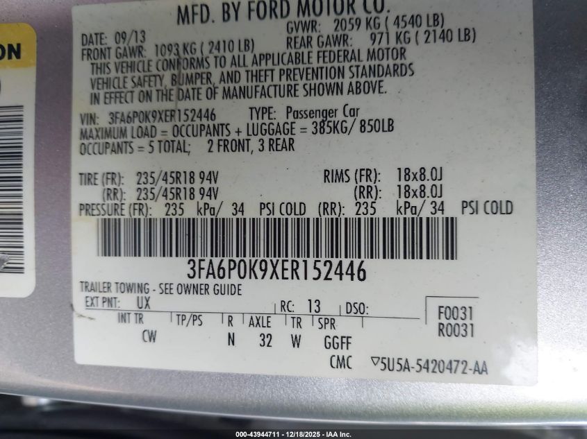 2014 Ford Fusion Titanium VIN: 3FA6P0K9XER152446 Lot: 43944711