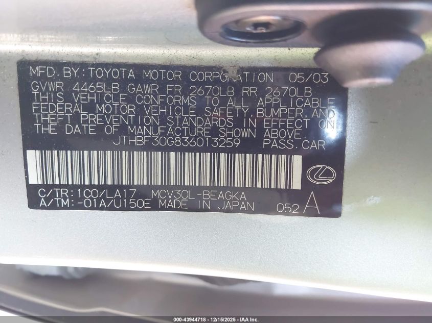2003 Lexus Es 300 VIN: JTHBF30G836013259 Lot: 43944718