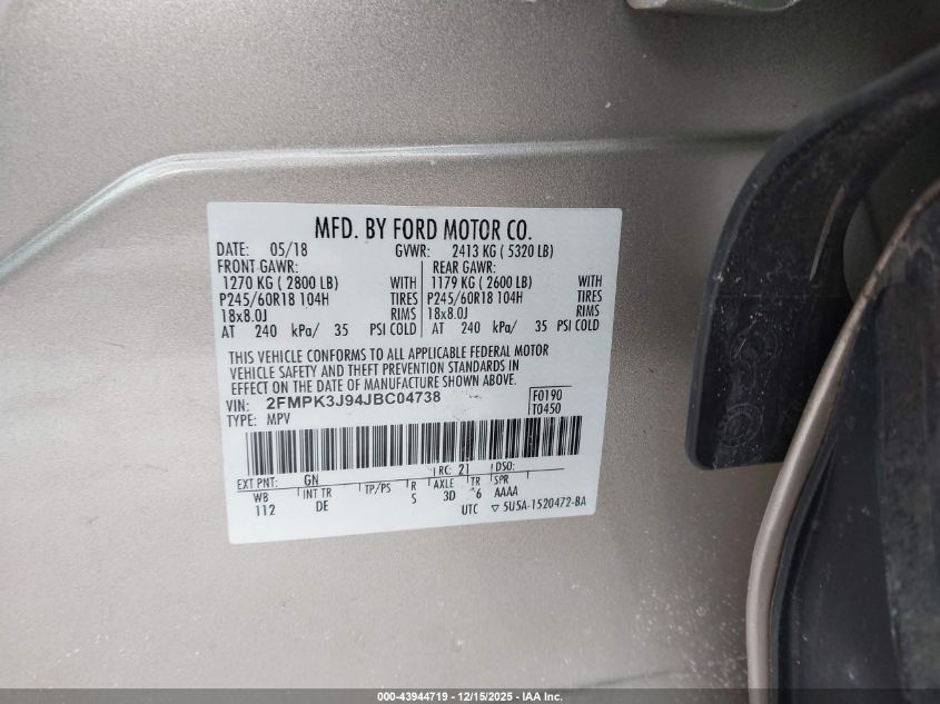 2018 Ford Edge Sel VIN: 2FMPK3J94JBC04738 Lot: 43944719