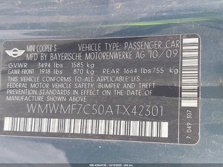 2010 Mini Cooper S VIN: WMWMF7C50ATX42301 Lot: 43944720
