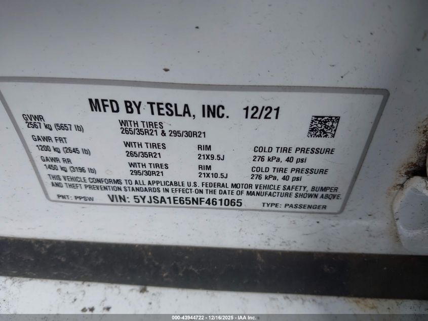 2022 Tesla Model S Plaid Tri Motor All-Wheel Drive VIN: 5YJSA1E65NF461065 Lot: 43944722