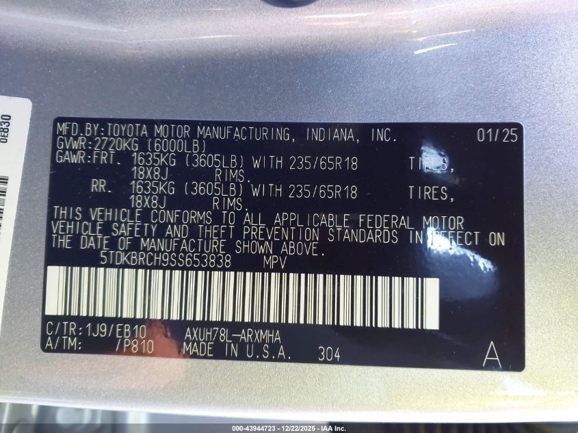 2025 Toyota Highlander Hybrid Xle VIN: 5TDKBRCH9SS653838 Lot: 43944723