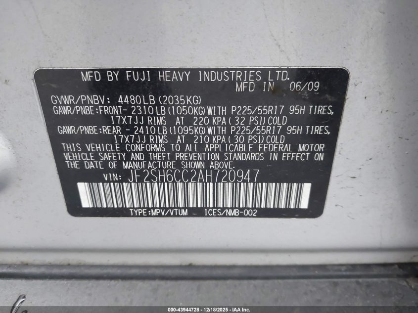 2010 Subaru Forester 2.5X Premium VIN: JF2SH6CC2AH720947 Lot: 43944728