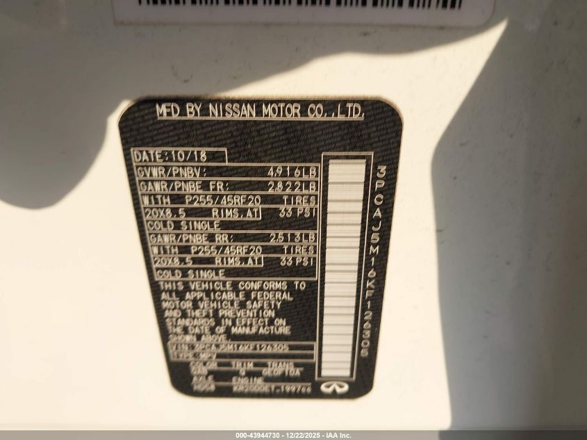 2019 Infiniti Qx50 Essential VIN: 3PCAJ5M16KF126305 Lot: 43944730