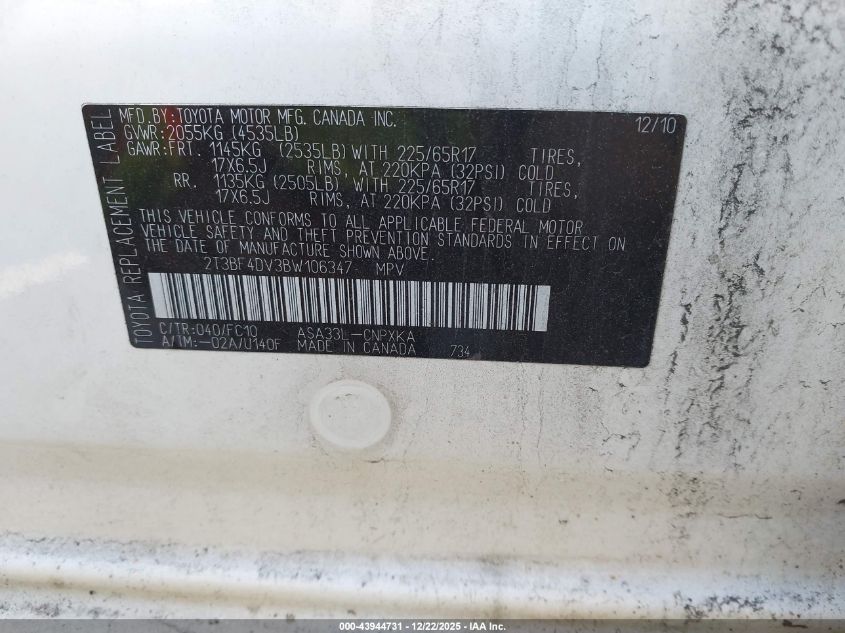 2011 Toyota Rav4 VIN: 2T3BF4DV3BW106347 Lot: 43944731