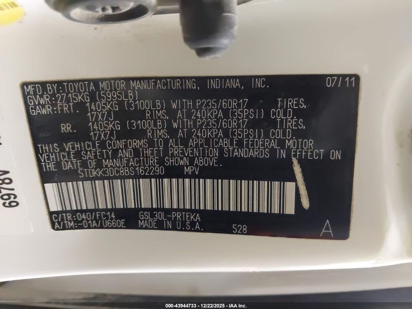 2011 Toyota Sienna Le V6 VIN: 5TDKK3DC8BS162290 Lot: 43944733