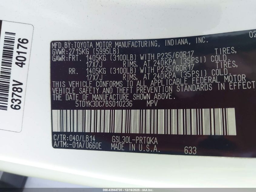 2011 Toyota Sienna Xle V6 VIN: 5TDYK3DC7BS010236 Lot: 43944735