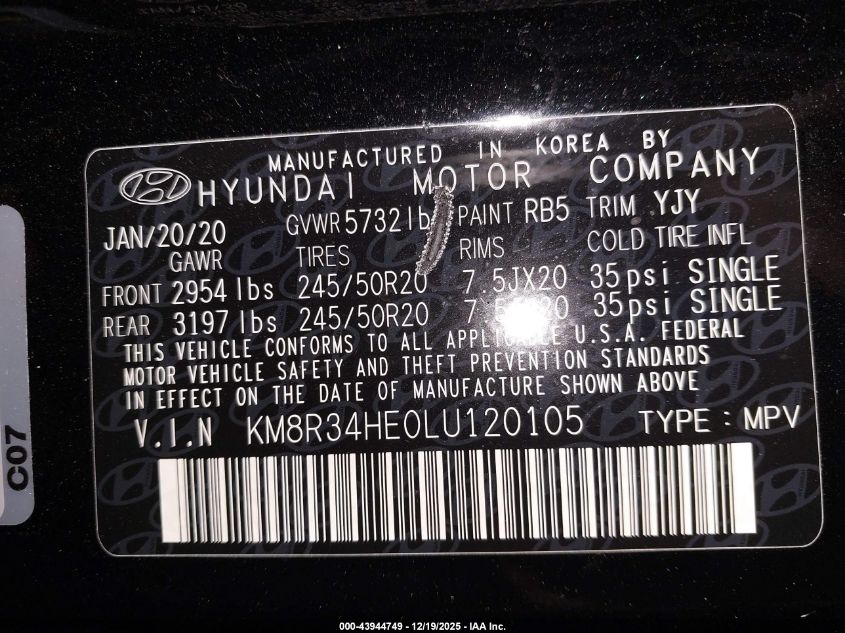 2020 Hyundai Palisade Sel VIN: KM8R34HE0LU120105 Lot: 43944749