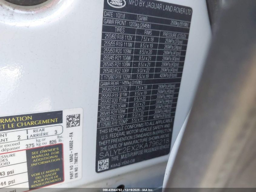 2019 Land Rover Range Rover Velar P250 R-Dynamic Se VIN: SALYL2EX2KA796218 Lot: 43944753