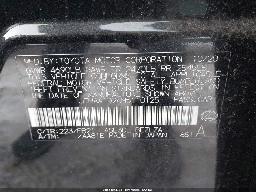 2021 Lexus Is 300 VIN: JTHAA1D26M5110125 Lot: 43944754