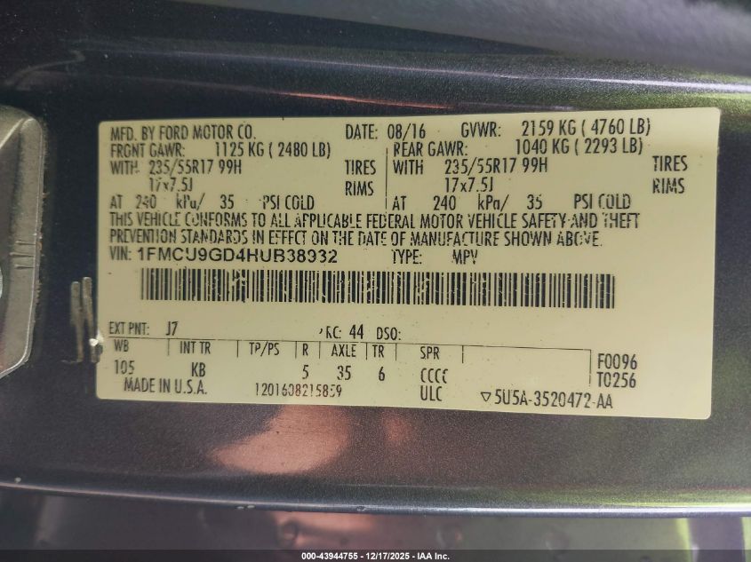 2017 Ford Escape Se VIN: 1FMCU9GD4HUB38932 Lot: 43944755