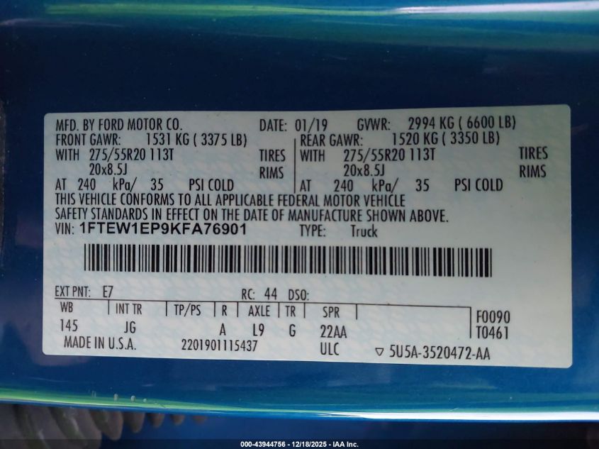 2019 Ford F-150 Xl VIN: 1FTEW1EP9KFA76901 Lot: 43944756