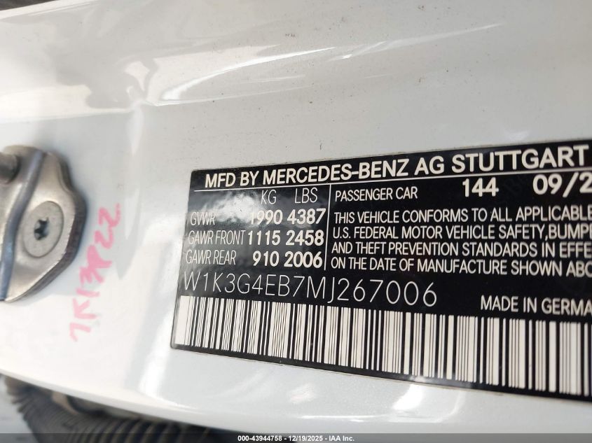 2021 Mercedes-Benz A 220 VIN: W1K3G4EB7MJ267006 Lot: 43944758