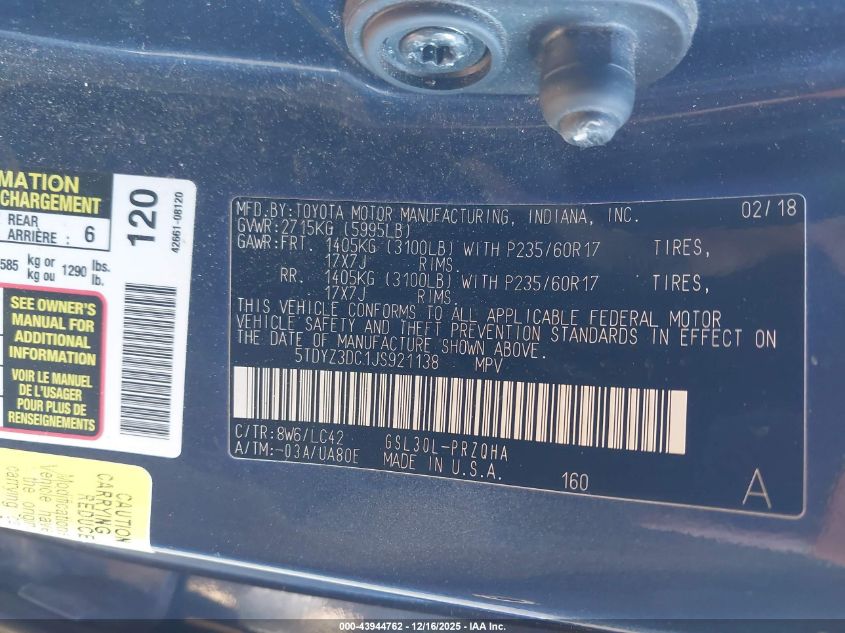 2018 Toyota Sienna Xle 8 Passenger VIN: 5TDYZ3DC1JS921138 Lot: 43944762