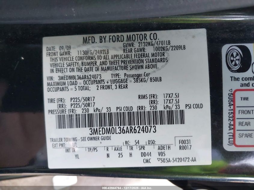 2010 Mercury Milan Hybrid VIN: 3MEDM0L36AR624073 Lot: 43944764