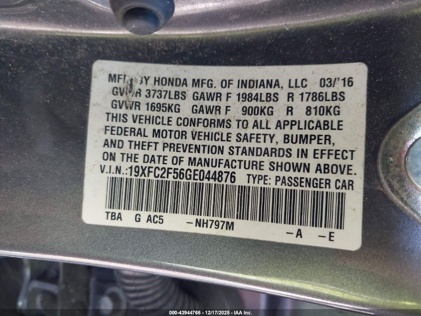 2016 Honda Civic Lx VIN: 19XFC2F56GE044876 Lot: 43944766
