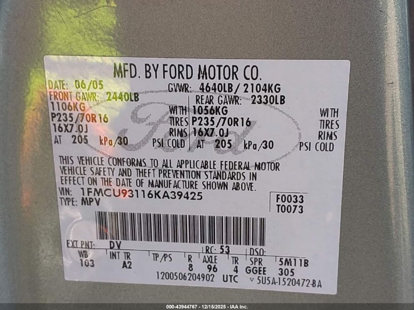 2006 Ford Escape Xlt/Xlt Sport VIN: 1FMCU93116KA39425 Lot: 43944767